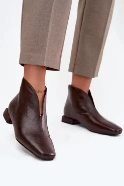 Boto Botki Ocieplane|Botki Skórzane*Botki Damskie Na Delikatnym Obcasie Czekoladowe Elvienne