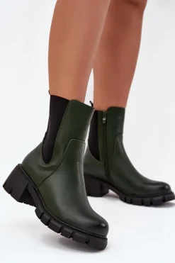 Damskie Boto Botki Damskie Na Klocku Eko Skórzane Ciemnozielone Kyra