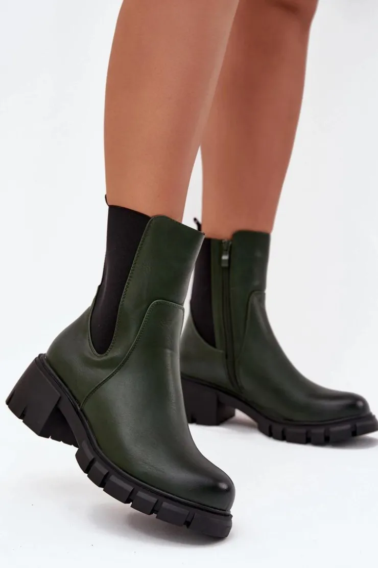Damskie Boto Botki Damskie Na Klocku Eko Skórzane Ciemnozielone Kyra