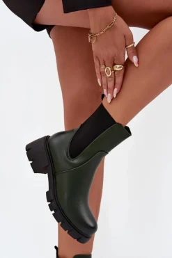 Damskie Boto Botki Damskie Na Klocku Eko Skórzane Ciemnozielone Kyra