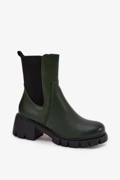 Damskie Boto Botki Damskie Na Klocku Eko Skórzane Ciemnozielone Kyra