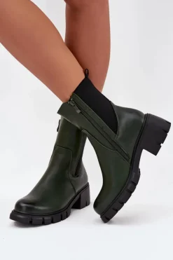 Damskie Boto Botki Damskie Na Klocku Eko Skórzane Ciemnozielone Kyra