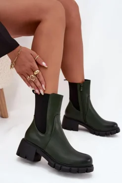 Damskie Boto Botki Damskie Na Klocku Eko Skórzane Ciemnozielone Kyra