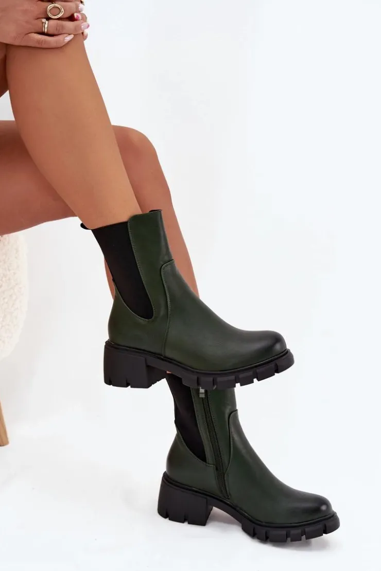 Damskie Boto Botki Damskie Na Klocku Eko Skórzane Ciemnozielone Kyra