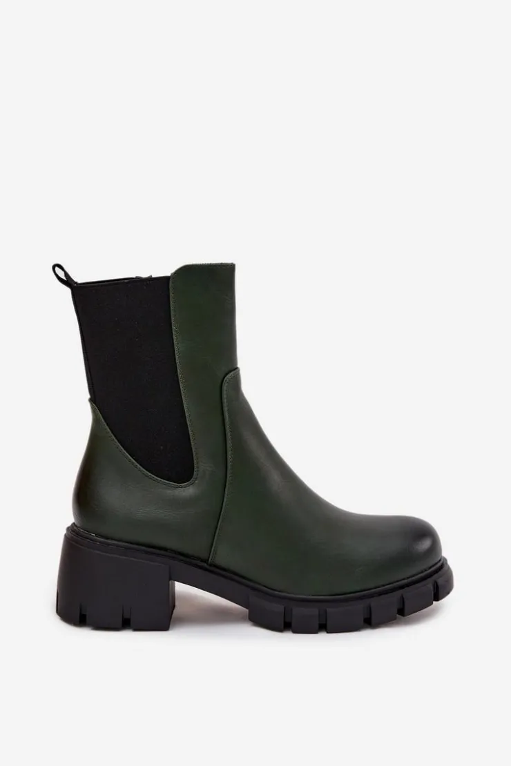 Damskie Boto Botki Damskie Na Klocku Eko Skórzane Ciemnozielone Kyra