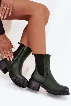 Damskie Boto Botki Damskie Na Klocku Eko Skórzane Ciemnozielone Kyra