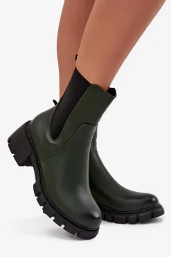 Damskie Boto Botki Damskie Na Klocku Eko Skórzane Ciemnozielone Kyra