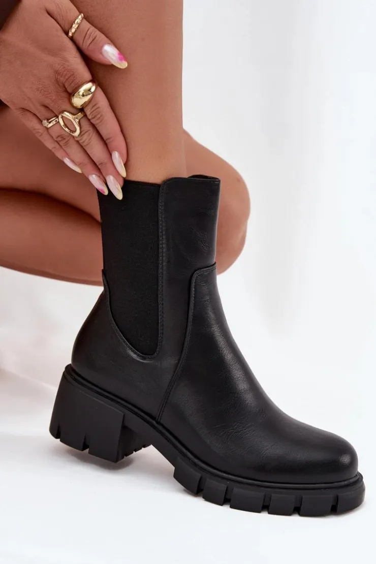 Discount Boto Botki Damskie Na Klocku Eko Skórzane Czarne Kyra Czarny