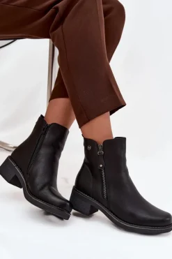 Damskie Evento Botki Damskie Na Klocku Ocieplane Czarne Kalivana