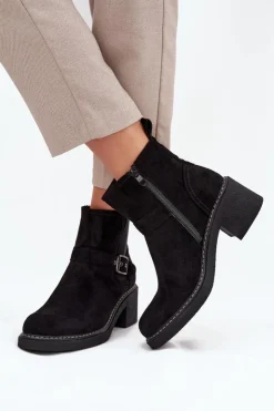 Sale Boto Botki Damskie Na Klocku Z Klamrą Czarne Nymera Czarny