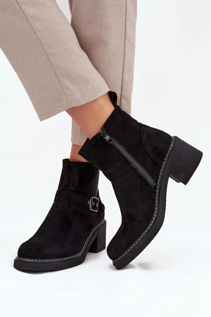 Sale Boto Botki Damskie Na Klocku Z Klamrą Czarne Nymera Czarny