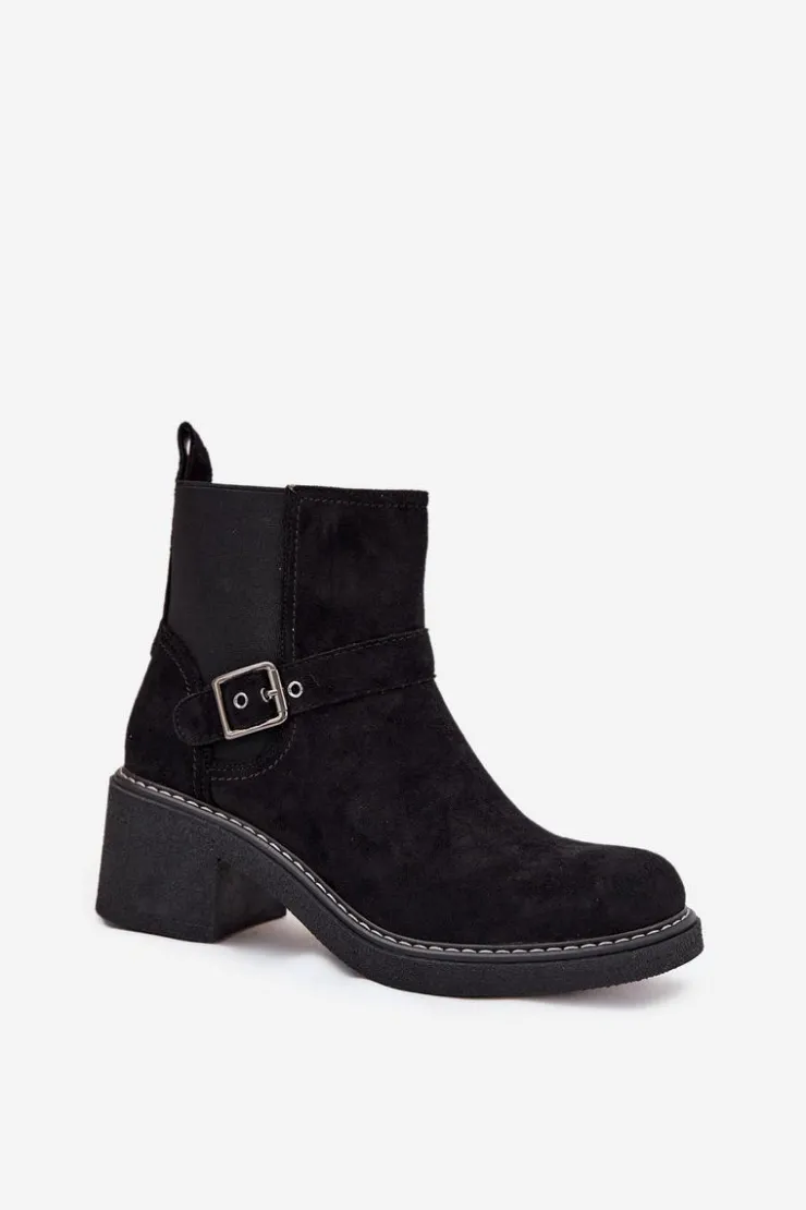 Sale Boto Botki Damskie Na Klocku Z Klamrą Czarne Nymera Czarny