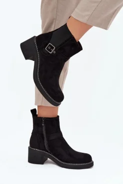 Sale Boto Botki Damskie Na Klocku Z Klamrą Czarne Nymera Czarny