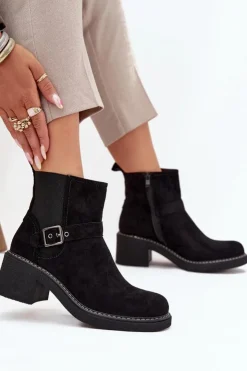 Sale Boto Botki Damskie Na Klocku Z Klamrą Czarne Nymera Czarny