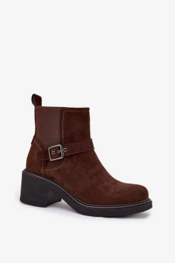 Discount Boto Botki Damskie Na Klocku Z Klamrą Brązowe Nymera