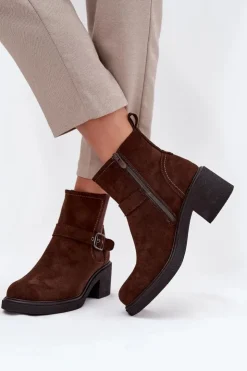 Discount Boto Botki Damskie Na Klocku Z Klamrą Brązowe Nymera