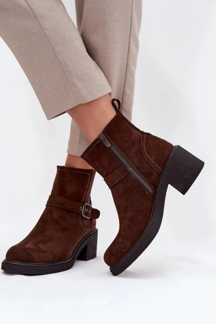 Discount Boto Botki Damskie Na Klocku Z Klamrą Brązowe Nymera