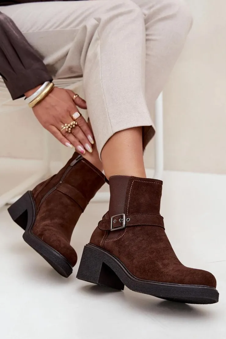 Discount Boto Botki Damskie Na Klocku Z Klamrą Brązowe Nymera