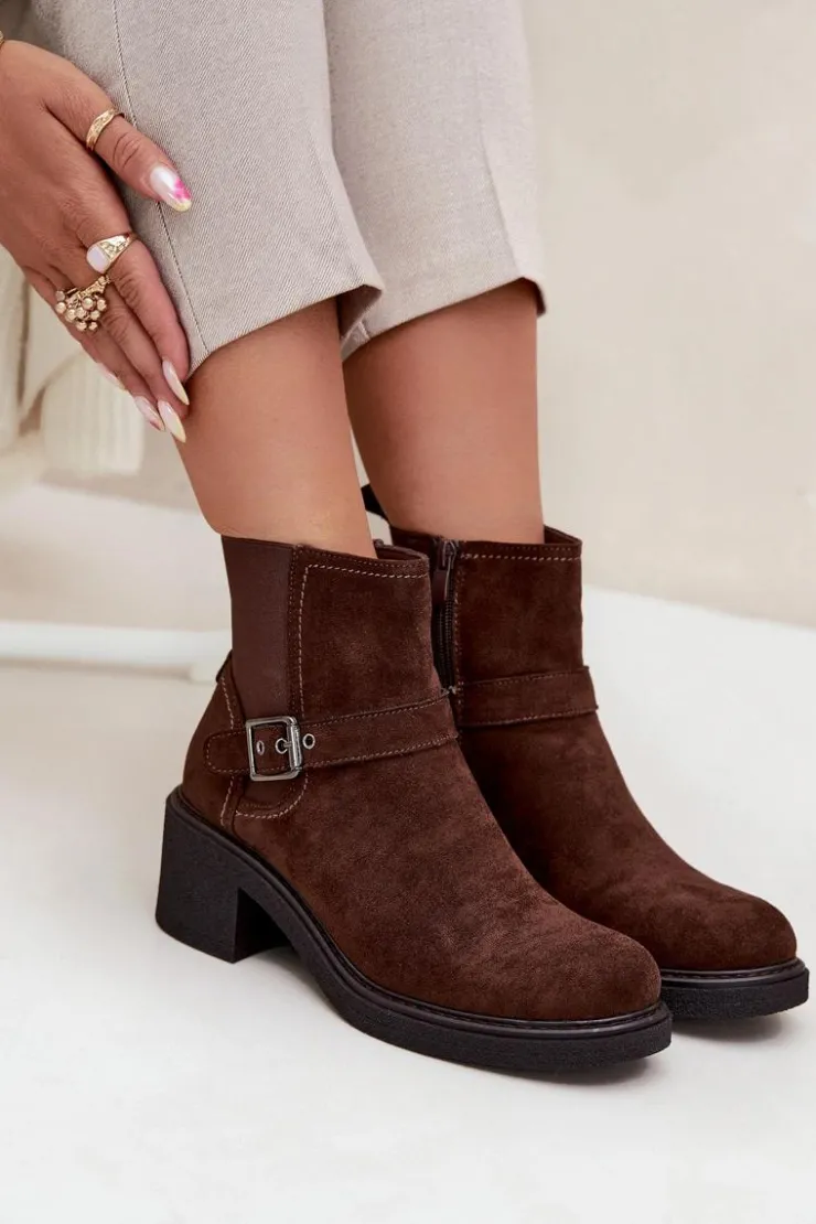 Discount Boto Botki Damskie Na Klocku Z Klamrą Brązowe Nymera