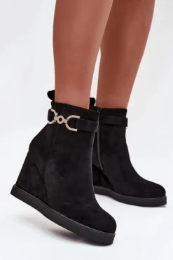 Damskie Boto Botki Damskie Na Koturnie Z Ozdobnym Detalem Czarne Marivana