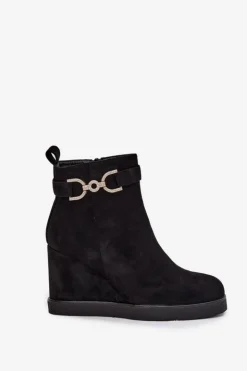 Damskie Boto Botki Damskie Na Koturnie Z Ozdobnym Detalem Czarne Marivana