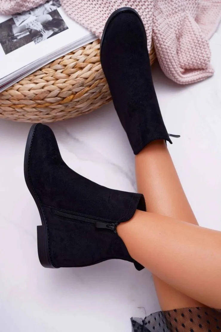 Outlet Boto Botki Damskie na Koturnie Zamsz Czarne Tema