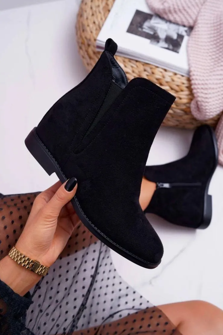 Outlet Boto Botki Damskie na Koturnie Zamsz Czarne Tema