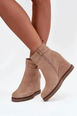 Boto Botki Damskie Na Koturnie Z Ozdobnym Detalem Beżowe Marivana Beżowy