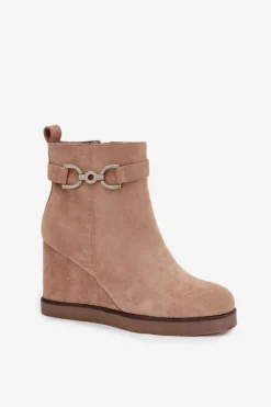 Boto Botki Damskie Na Koturnie Z Ozdobnym Detalem Beżowe Marivana Beżowy