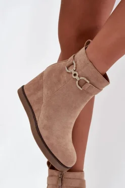 Boto Botki Damskie Na Koturnie Z Ozdobnym Detalem Beżowe Marivana Beżowy