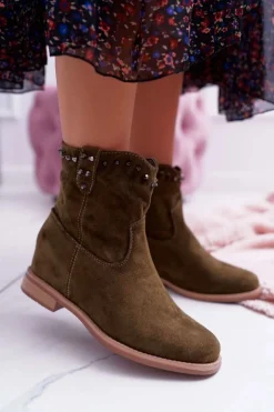 Clearance Boto Botki Damskie Na Koturnie Płaski Obcas Ocieplane Za Kostkę Oliwkowe Deminis