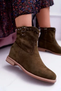 Clearance Boto Botki Damskie Na Koturnie Płaski Obcas Ocieplane Za Kostkę Oliwkowe Deminis