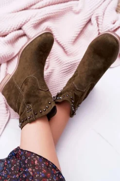 Clearance Boto Botki Damskie Na Koturnie Płaski Obcas Ocieplane Za Kostkę Oliwkowe Deminis