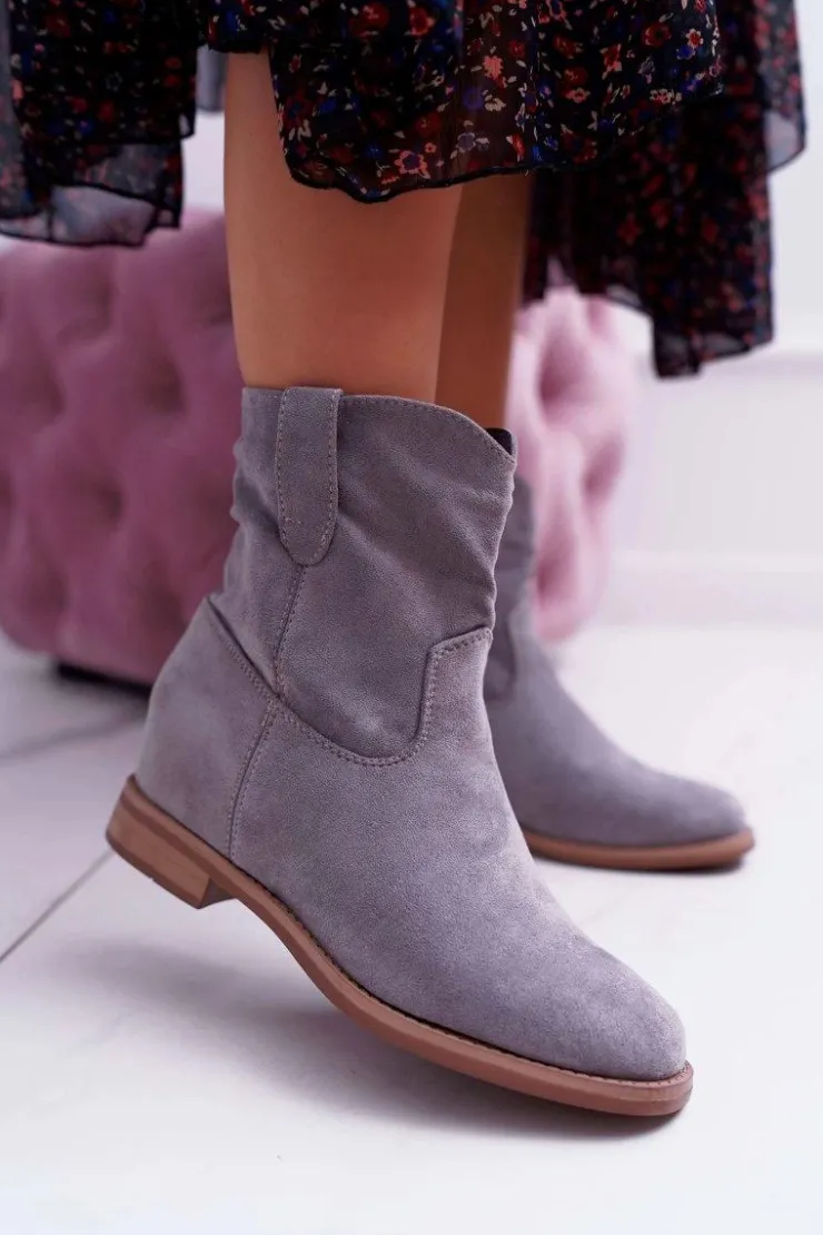 Boto Botki Damskie Na Koturnie Płaski Obcas Ocieplane Za Kostkę Szare Demini