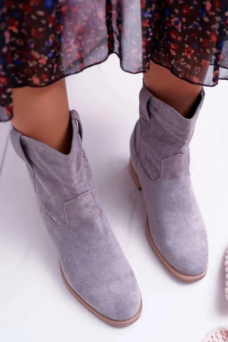 Boto Botki Damskie Na Koturnie Płaski Obcas Ocieplane Za Kostkę Szare Demini