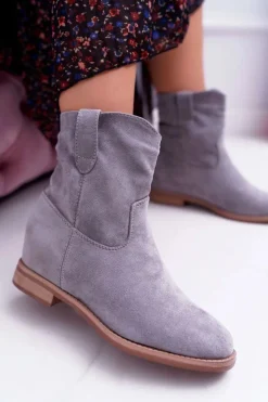 Boto Botki Damskie Na Koturnie Płaski Obcas Ocieplane Za Kostkę Szare Demini