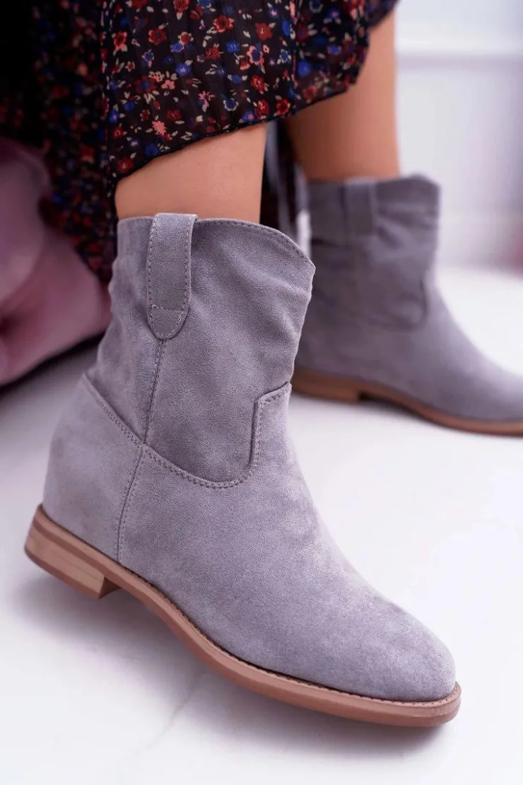 Boto Botki Damskie Na Koturnie Płaski Obcas Ocieplane Za Kostkę Szare Demini