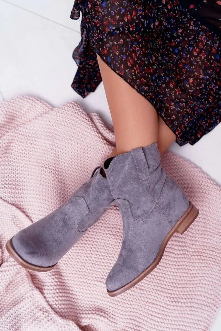 Boto Botki Damskie Na Koturnie Płaski Obcas Ocieplane Za Kostkę Szare Demini