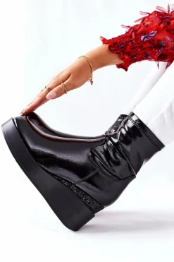 Damskie Damskie buty S.Barski Botki Damskie Na Koturnie Lakierowane Czarne Therapie