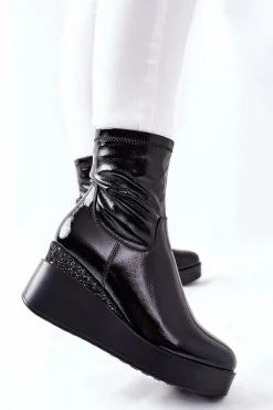 Damskie Damskie buty S.Barski Botki Damskie Na Koturnie Lakierowane Czarne Therapie