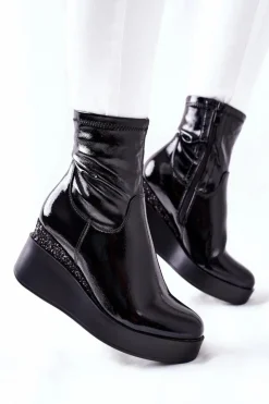 Damskie Damskie buty S.Barski Botki Damskie Na Koturnie Lakierowane Czarne Therapie