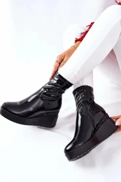 Damskie Damskie buty S.Barski Botki Damskie Na Koturnie Lakierowane Czarne Therapie