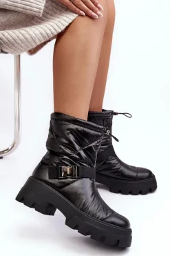 Discount Boto Botki Damskie Na Masywnej Podeszwie I Płaskim Obcasie Czarne Werikse Czarny