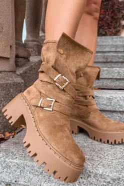 Outlet Boto Botki Damskie Na Masywnym Obcasie Z Klamrami I Paskiem Khaki Nerelisa Beżowy