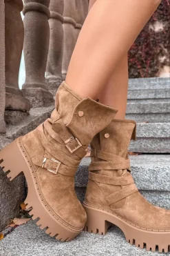 Outlet Boto Botki Damskie Na Masywnym Obcasie Z Klamrami I Paskiem Khaki Nerelisa Beżowy