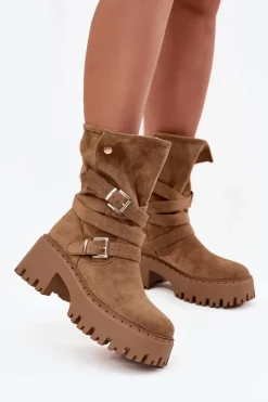 Outlet Boto Botki Damskie Na Masywnym Obcasie Z Klamrami I Paskiem Khaki Nerelisa Beżowy