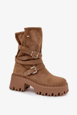 Outlet Boto Botki Damskie Na Masywnym Obcasie Z Klamrami I Paskiem Khaki Nerelisa Beżowy