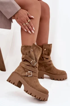 Outlet Boto Botki Damskie Na Masywnym Obcasie Z Klamrami I Paskiem Khaki Nerelisa Beżowy