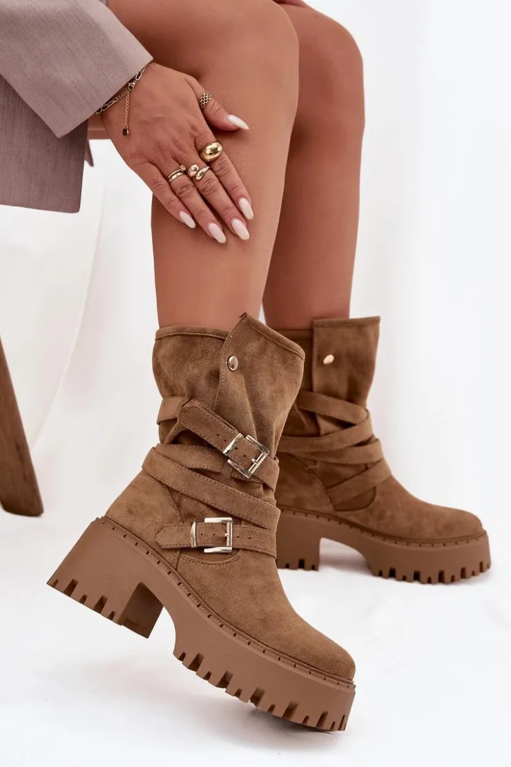 Outlet Boto Botki Damskie Na Masywnym Obcasie Z Klamrami I Paskiem Khaki Nerelisa Beżowy