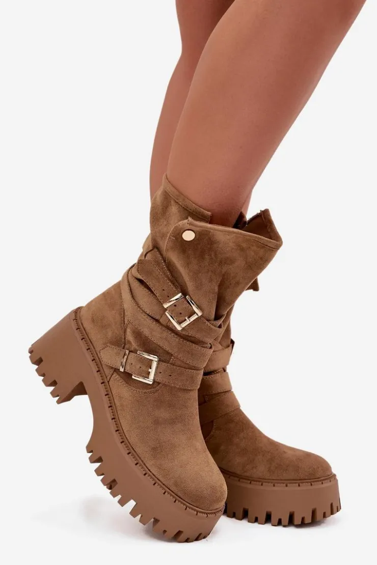 Outlet Boto Botki Damskie Na Masywnym Obcasie Z Klamrami I Paskiem Khaki Nerelisa Beżowy